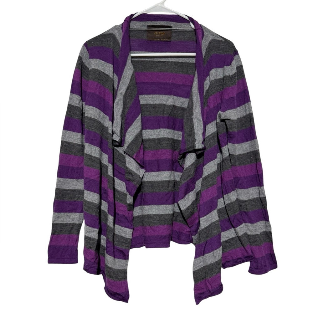 Victor 100% Extra Fine Merino Wool Cardigan Sweater Sz L Purple Stripe Waterfall